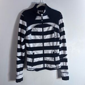 LULULEMON Sz. 8 Striped Black and White Zip Up Jacket with Thumbholes High Neck